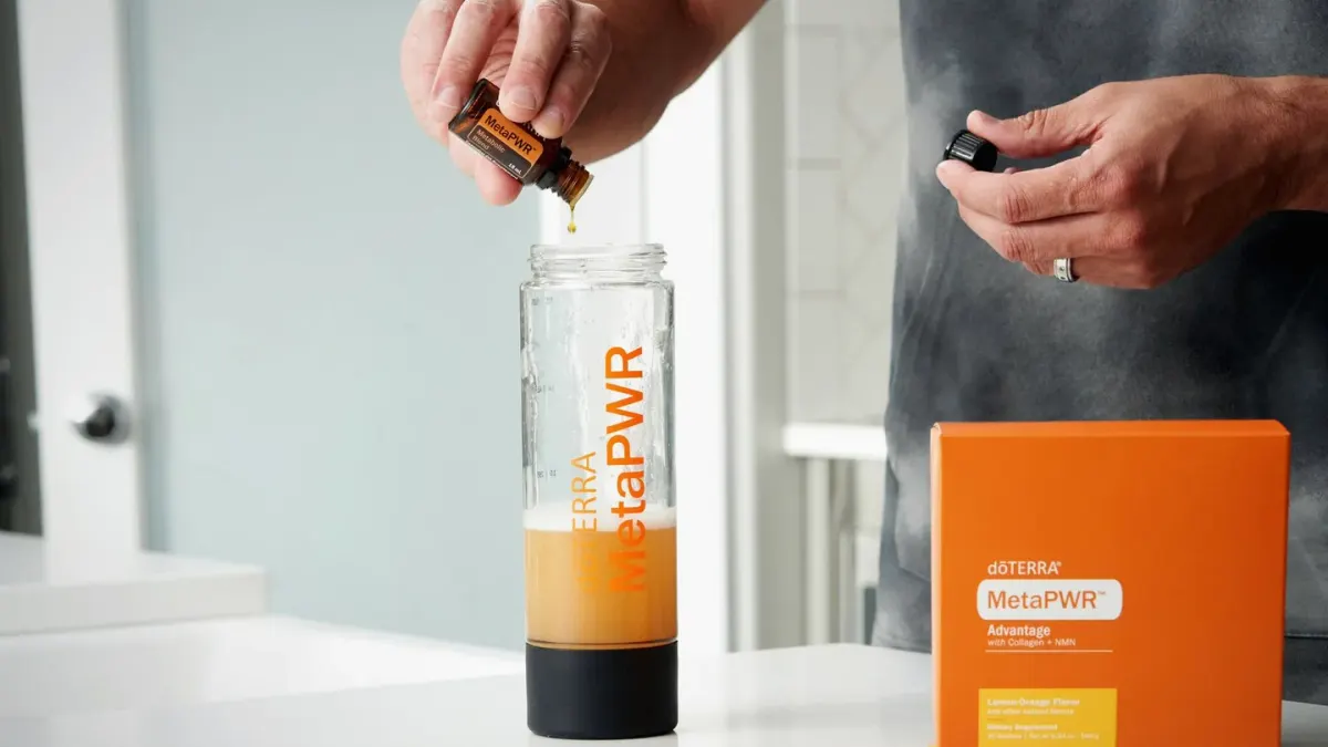 A dog owner reading the ingredient label on a joint supplement bottle at a kitchen counter